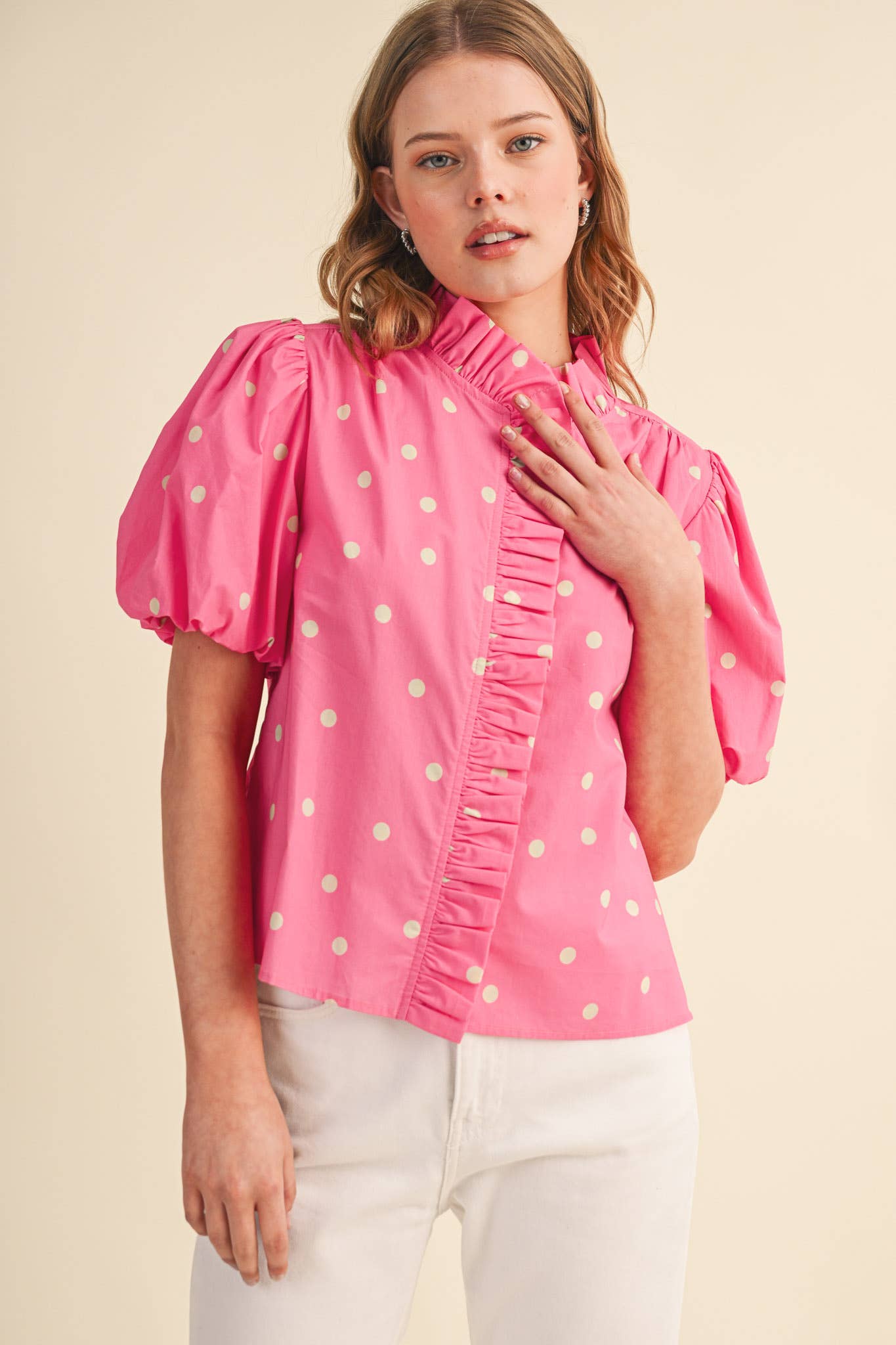 &Merci Pink Polka Dot Ruffled Button Down Top