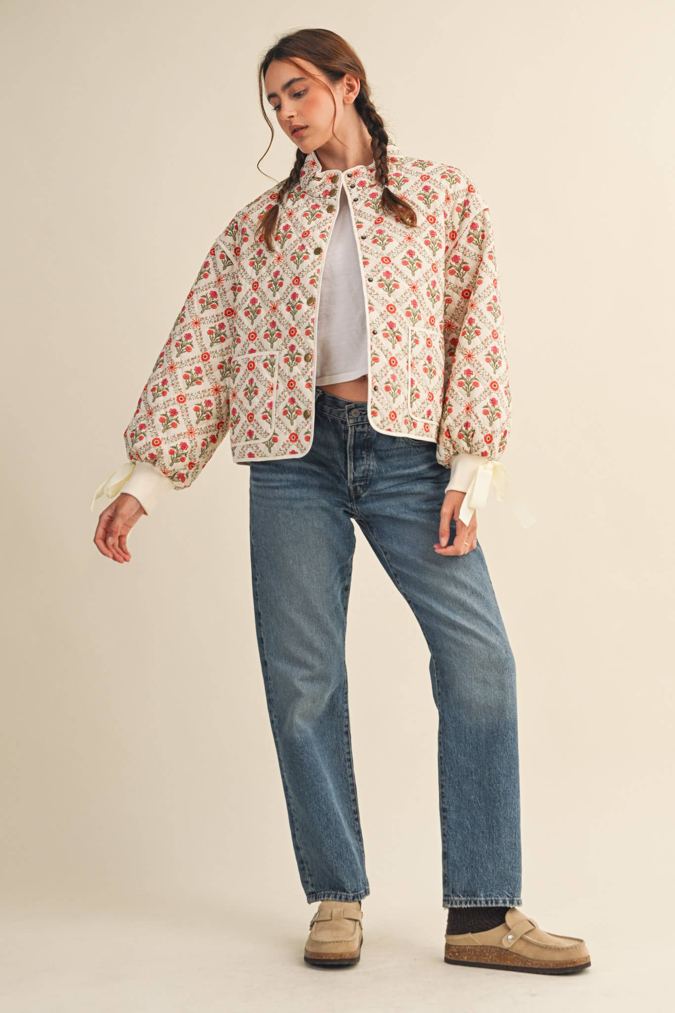 FLORAL QUILTED JACKET WITH RIBBON DETAIL MJK4431