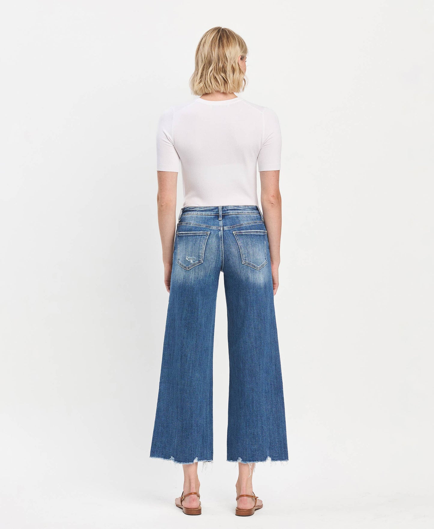 MID RISE MEDIUM DARK WASH RAW HEM WIDE JEANS LV1246