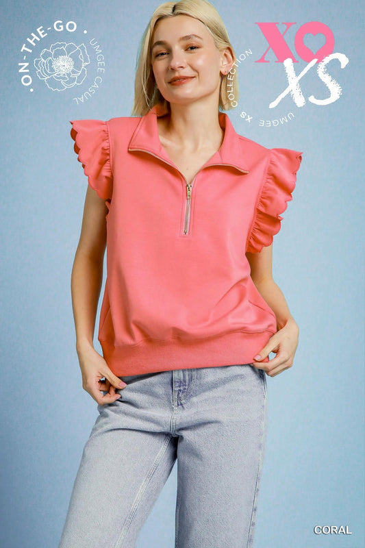 Umgee Flutter Sleeve Ruffle Top Coral