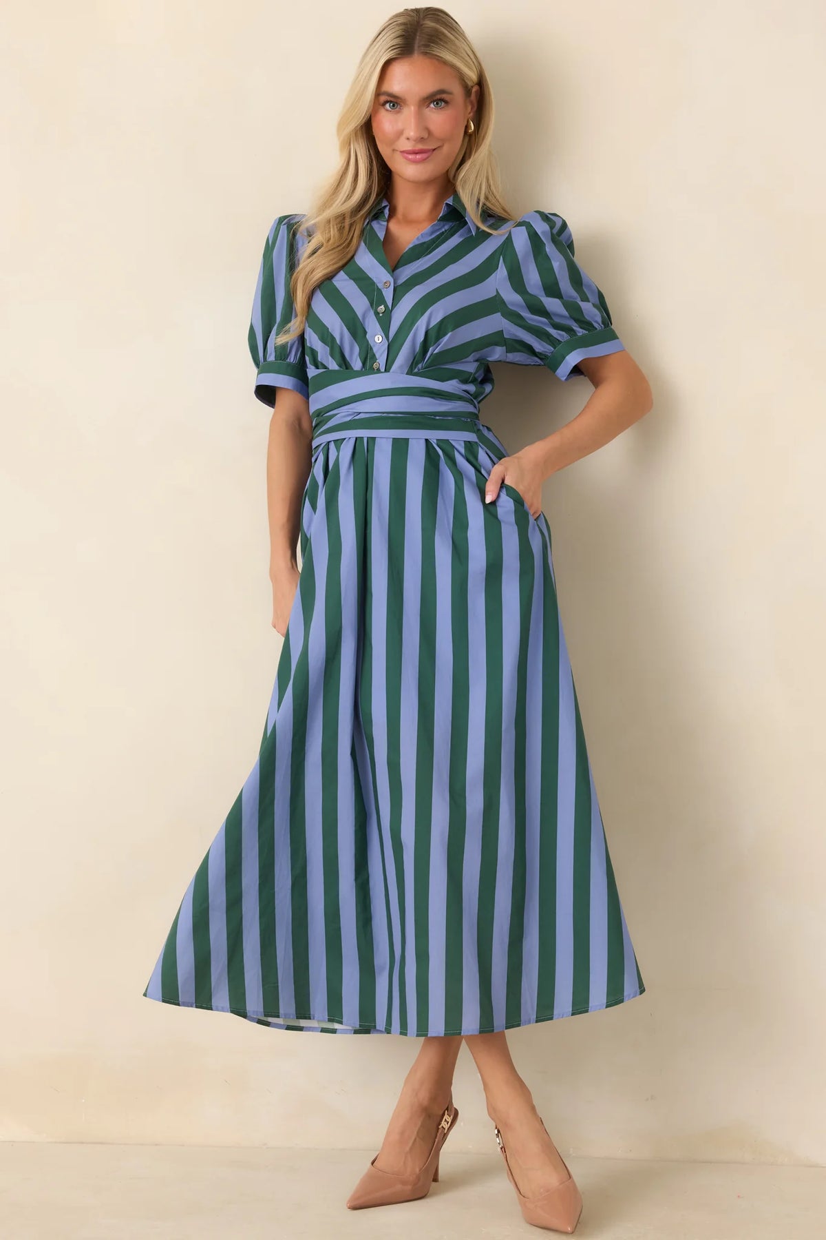 Entro Blue and Green Stripe Dress with Tie (D32837)