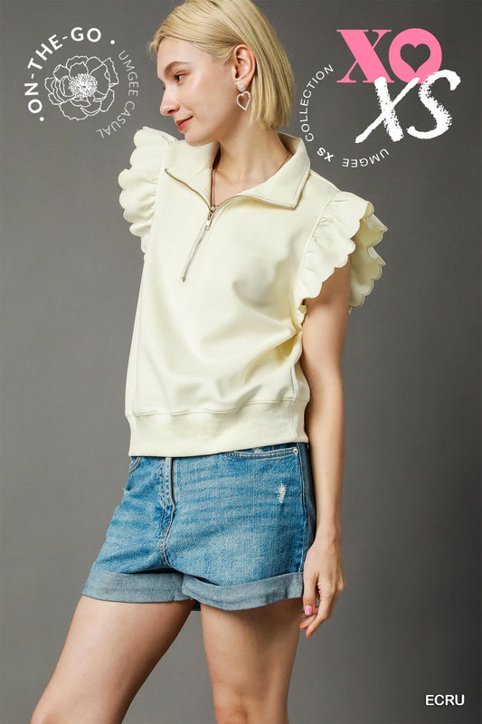 Umgee Flutter Sleeve Ruffle Top Ecru