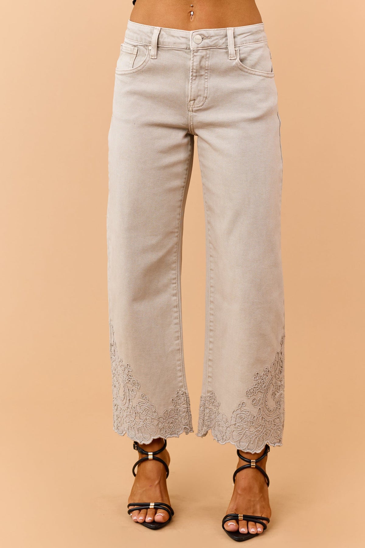 Risen Almond High Rise Embroidered Hem Crop Barrel Jeans (PGC21951)