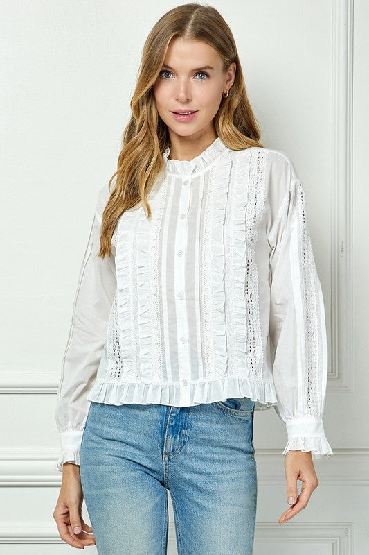 White Button Down Lace Trim Shirt