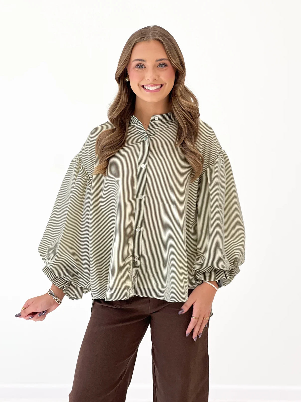 Fate Green Pinstripe Voluminous Bubble Sleeve Blouse