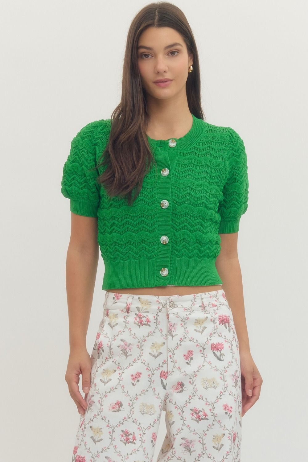 Entro Green Scalloped Print Sweater