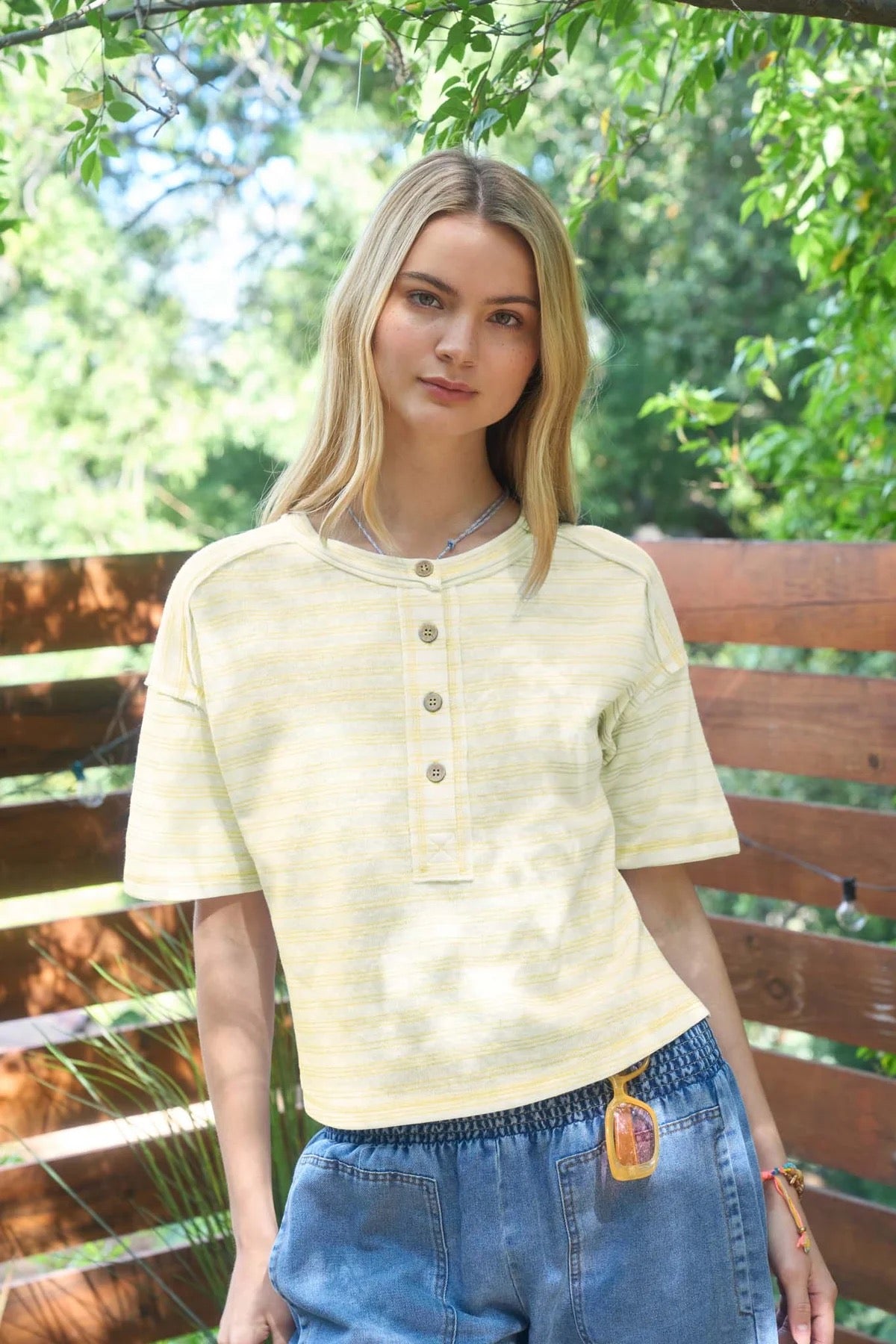 Blu Pepper Exposed Seam Henley Boxy Knit Top