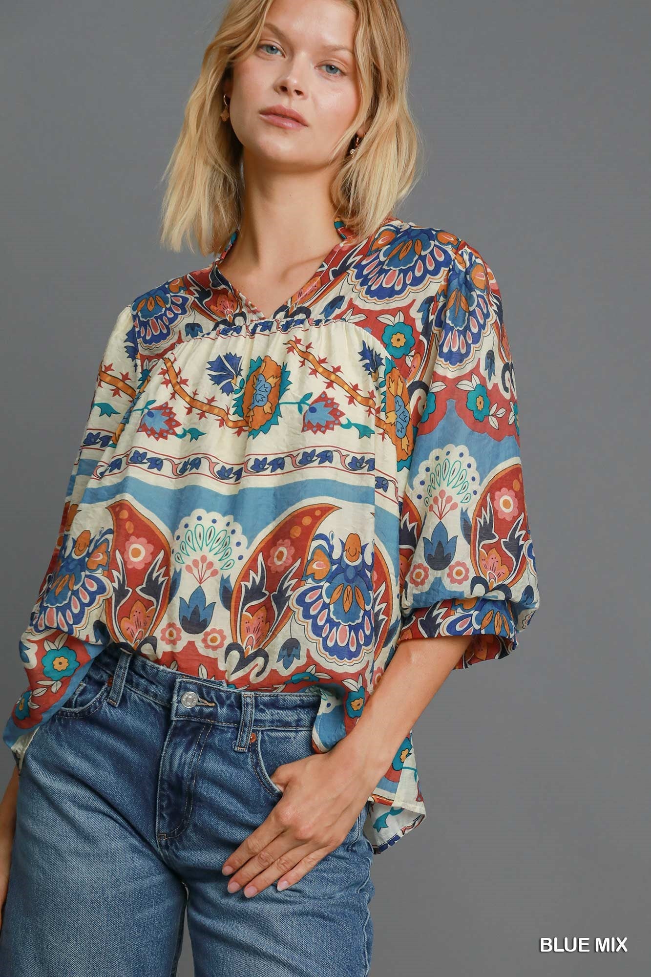Umgee Blue Print Long Sleeve Top