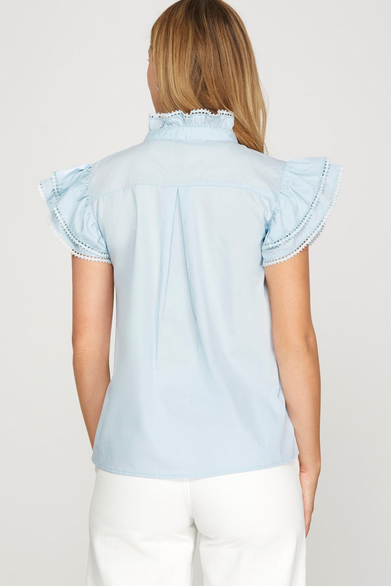 She + Sky Ruffle Sleeve Edge Trim Button Down Top