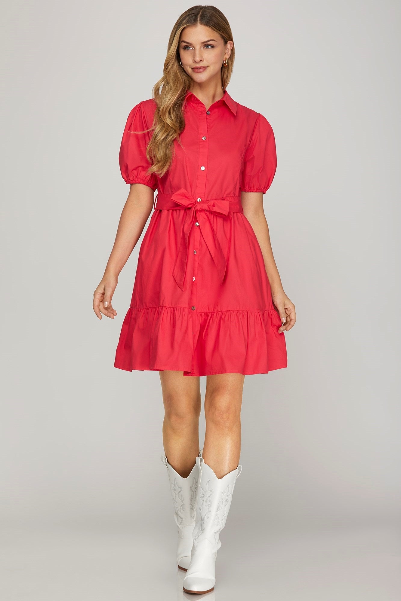 She + Sky Red Half Puff Sleeve Dress