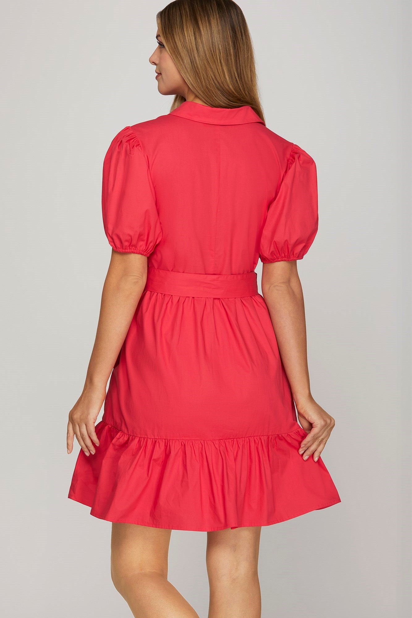 She + Sky Red Half Puff Sleeve Dress