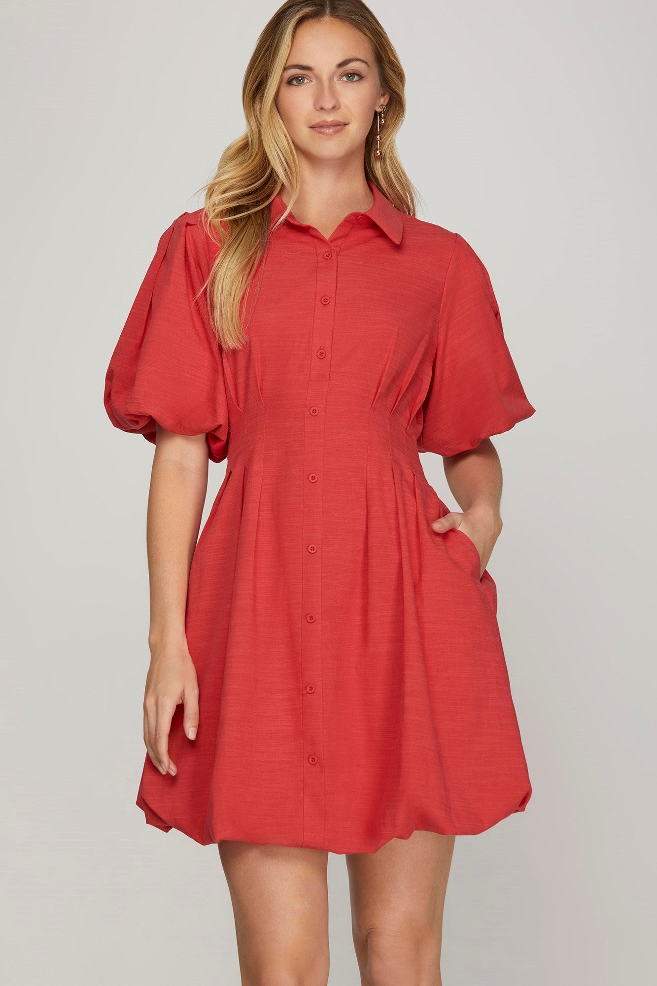 She + Sky Red Puff Sleeve Button Down Woven Balloon Mini Dress
