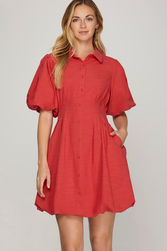 She + Sky Red Puff Sleeve Button Down Woven Balloon Mini Dress