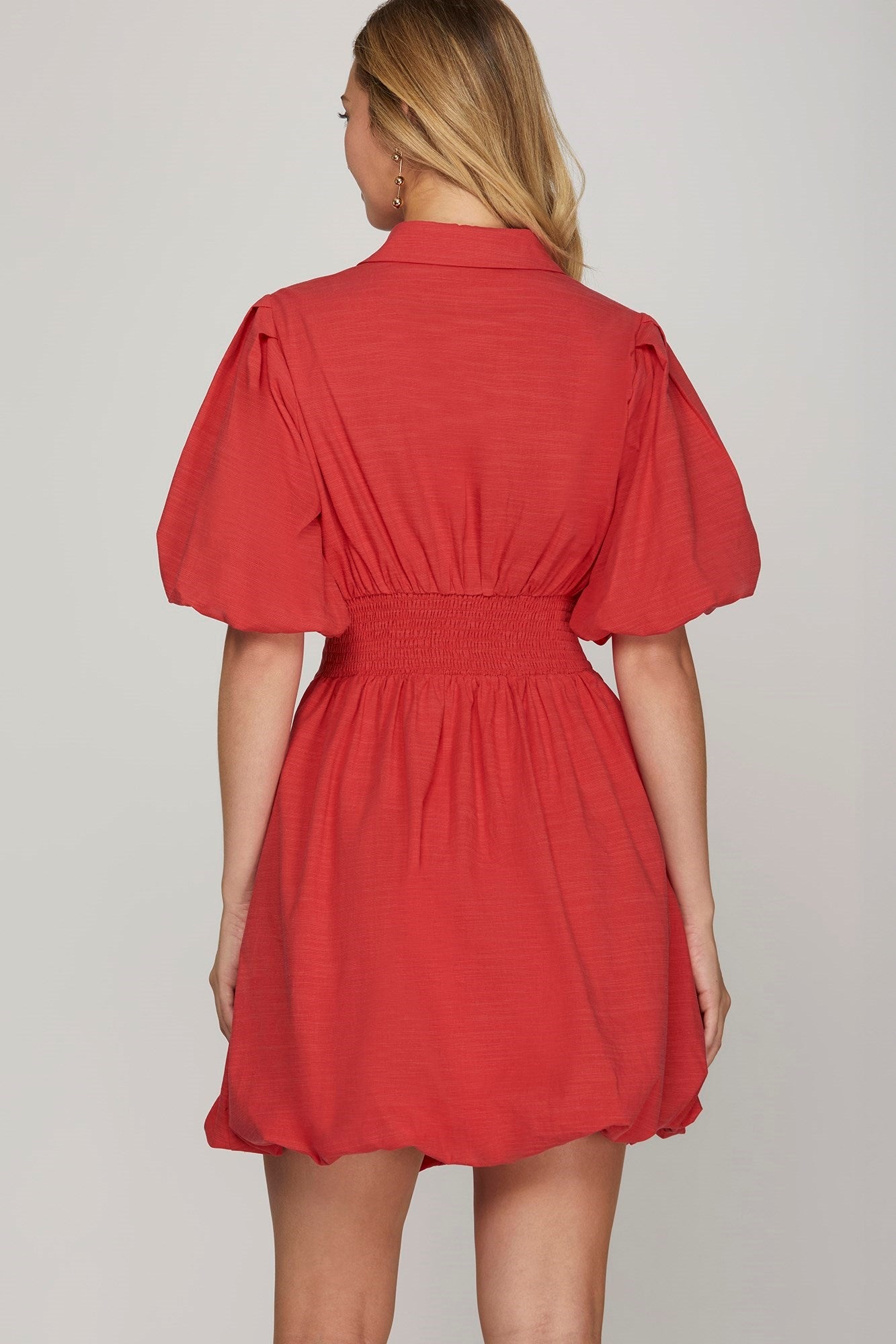 She + Sky Red Puff Sleeve Button Down Woven Balloon Mini Dress