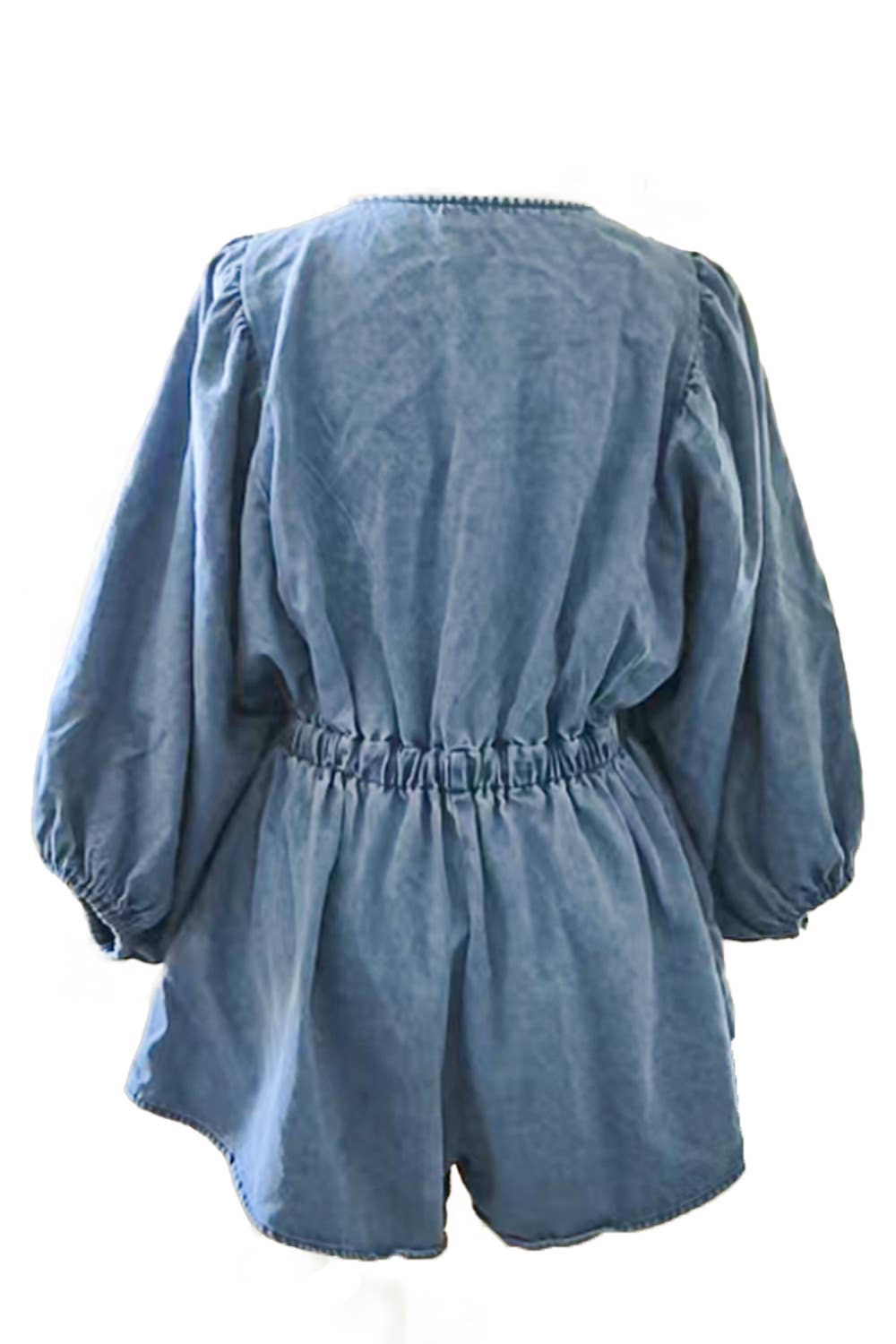 Bucketlist Smocked & Ruffled V-neckline Denim Romper
