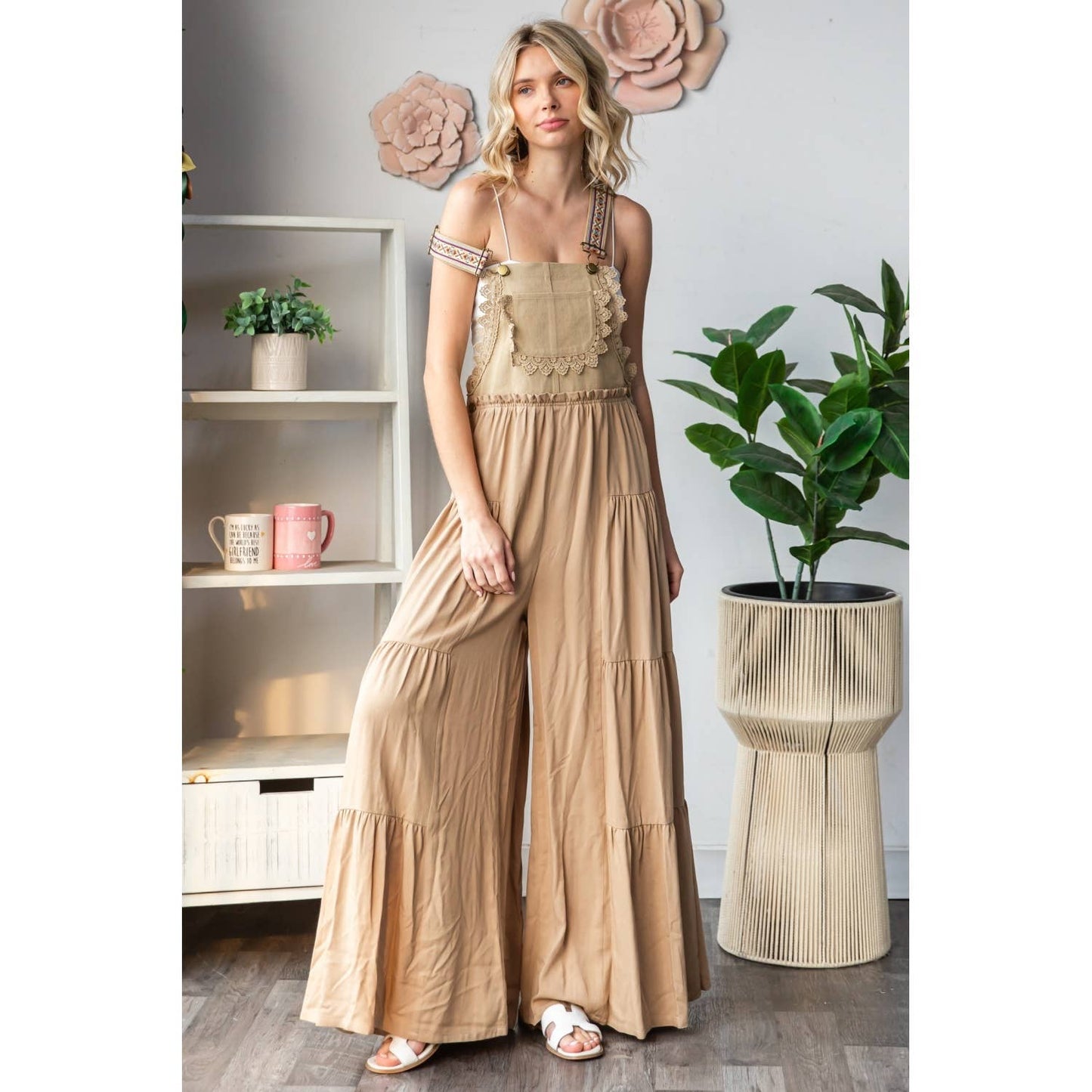 Embroidered Strap Flowy Jumpsuit Khaki