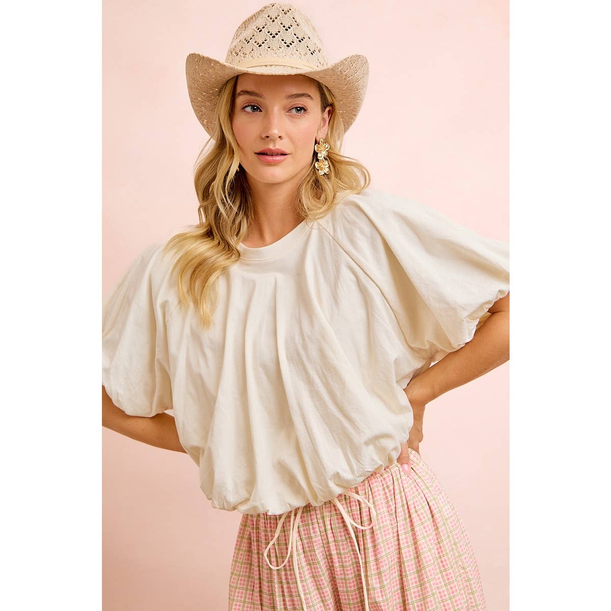 BiBi Ivory Jersey Bubble Sleeves and Hem Top