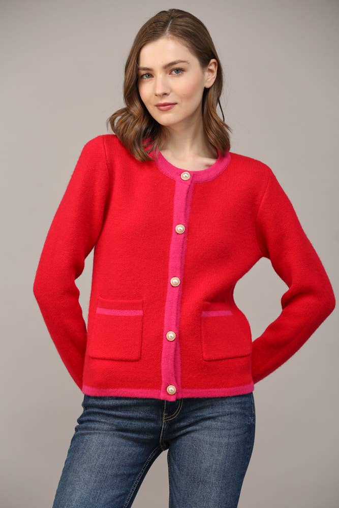 FRONT BUTTON CLOSURE COLORBLOCK SWEATER CARDIGAN FW15336
