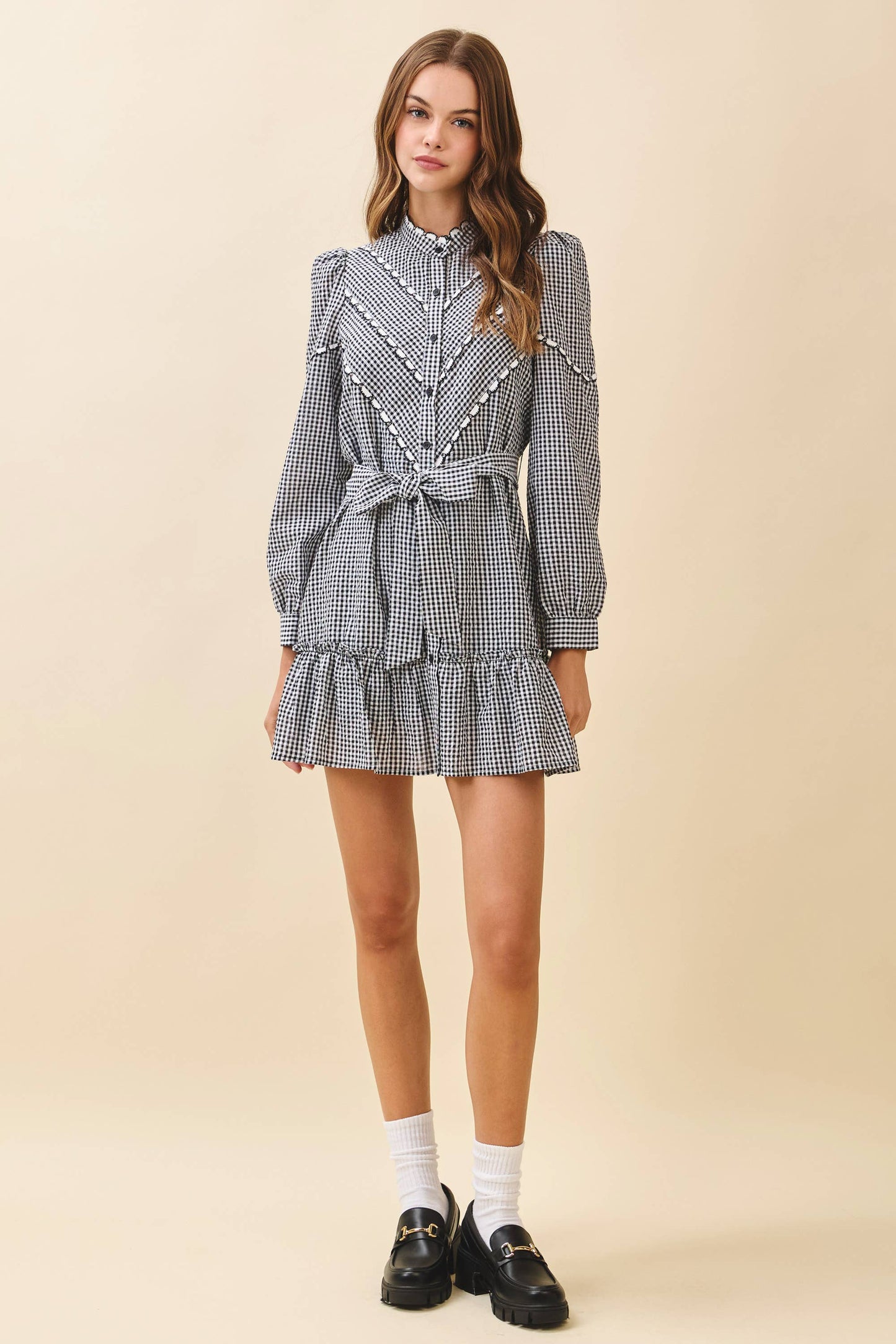 TCEC Gingham Ruffle Detail Contrast Trim Mini Dress