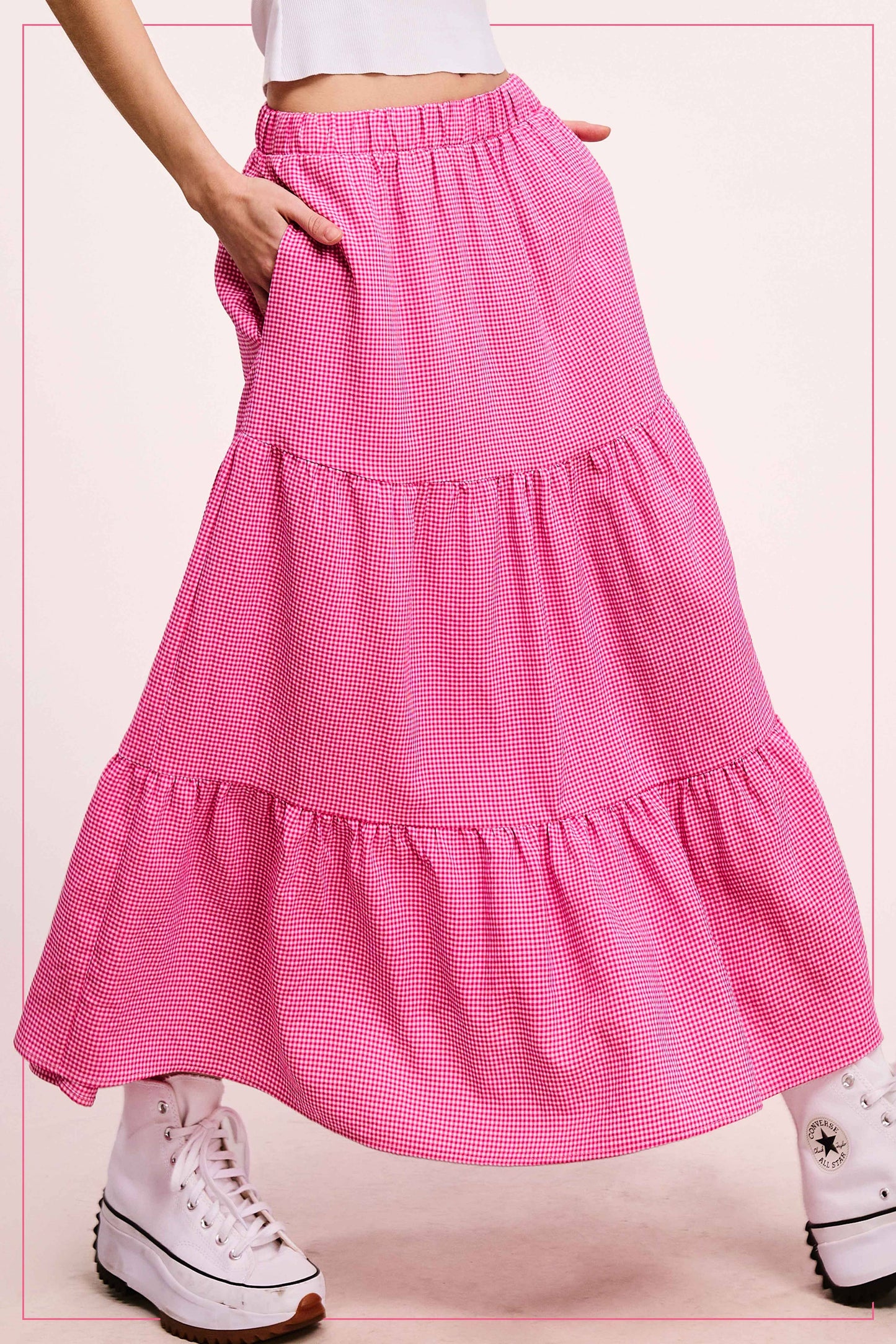 La Miel Gingham Tiered Maxi Skirt With Side Pockets
