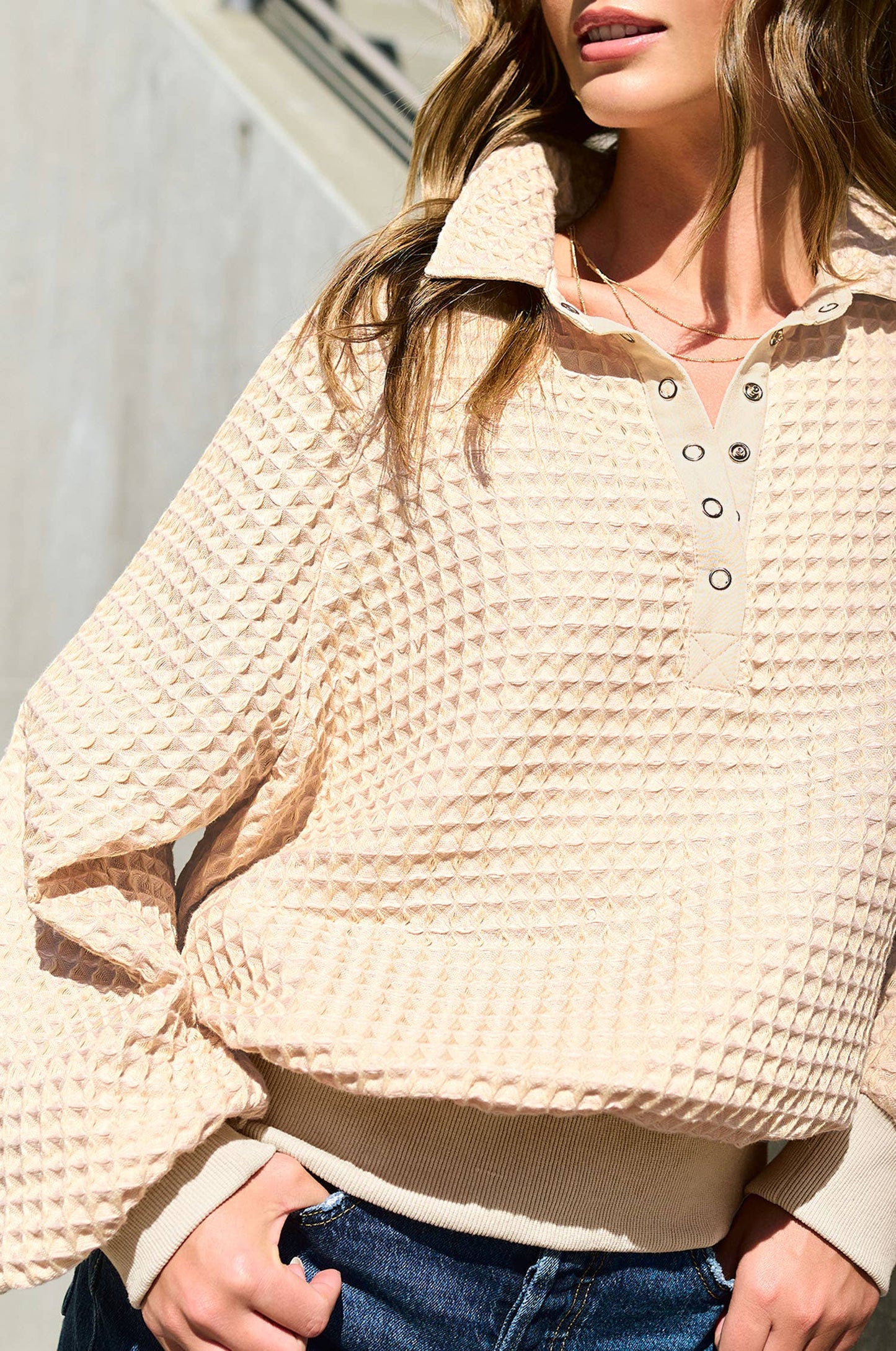 La Miel  Two Tone Textured Snap Button Front Top