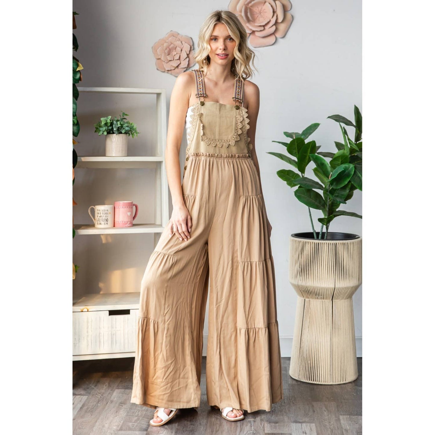 Embroidered Strap Flowy Jumpsuit Khaki