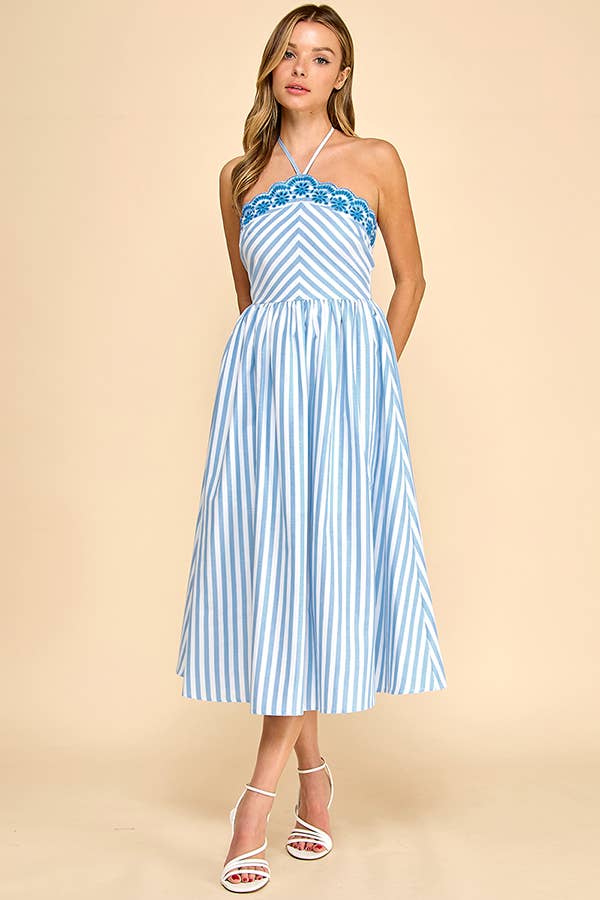 Baby Pink White/Blue Scalloped Halter Midi Dress