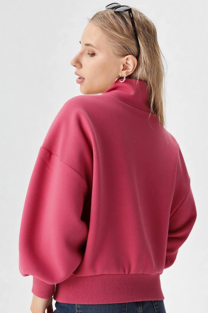 NT11951-Balloon Sleeve Half Button Down Henley Knit Top