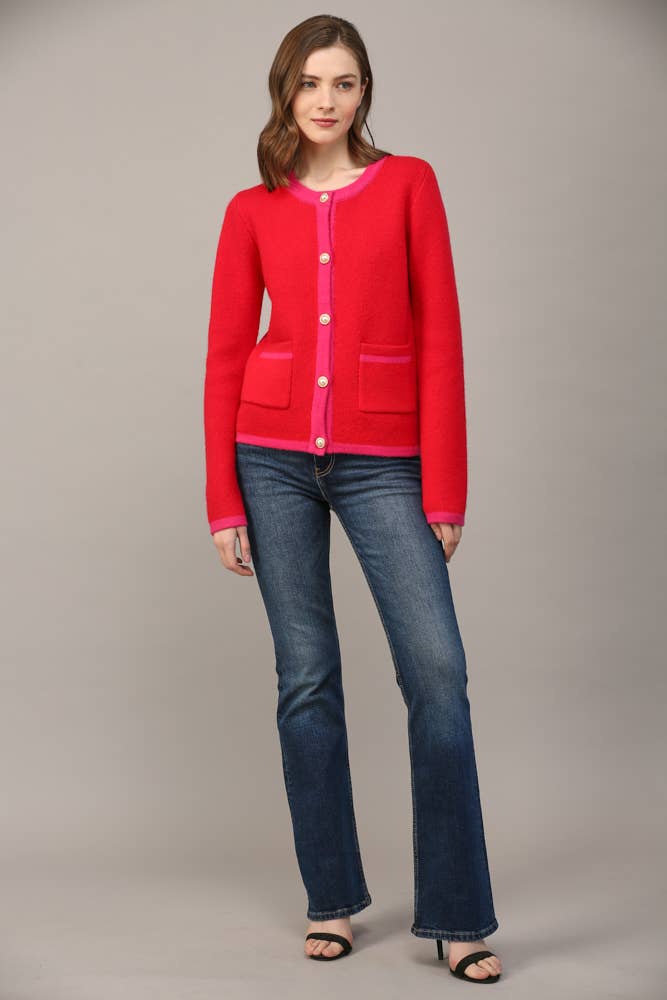 FRONT BUTTON CLOSURE COLORBLOCK SWEATER CARDIGAN FW15336