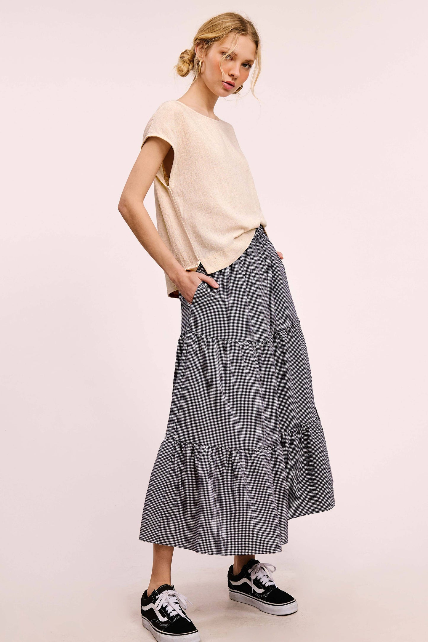 La Miel Gingham Tiered Maxi Skirt With Side Pockets