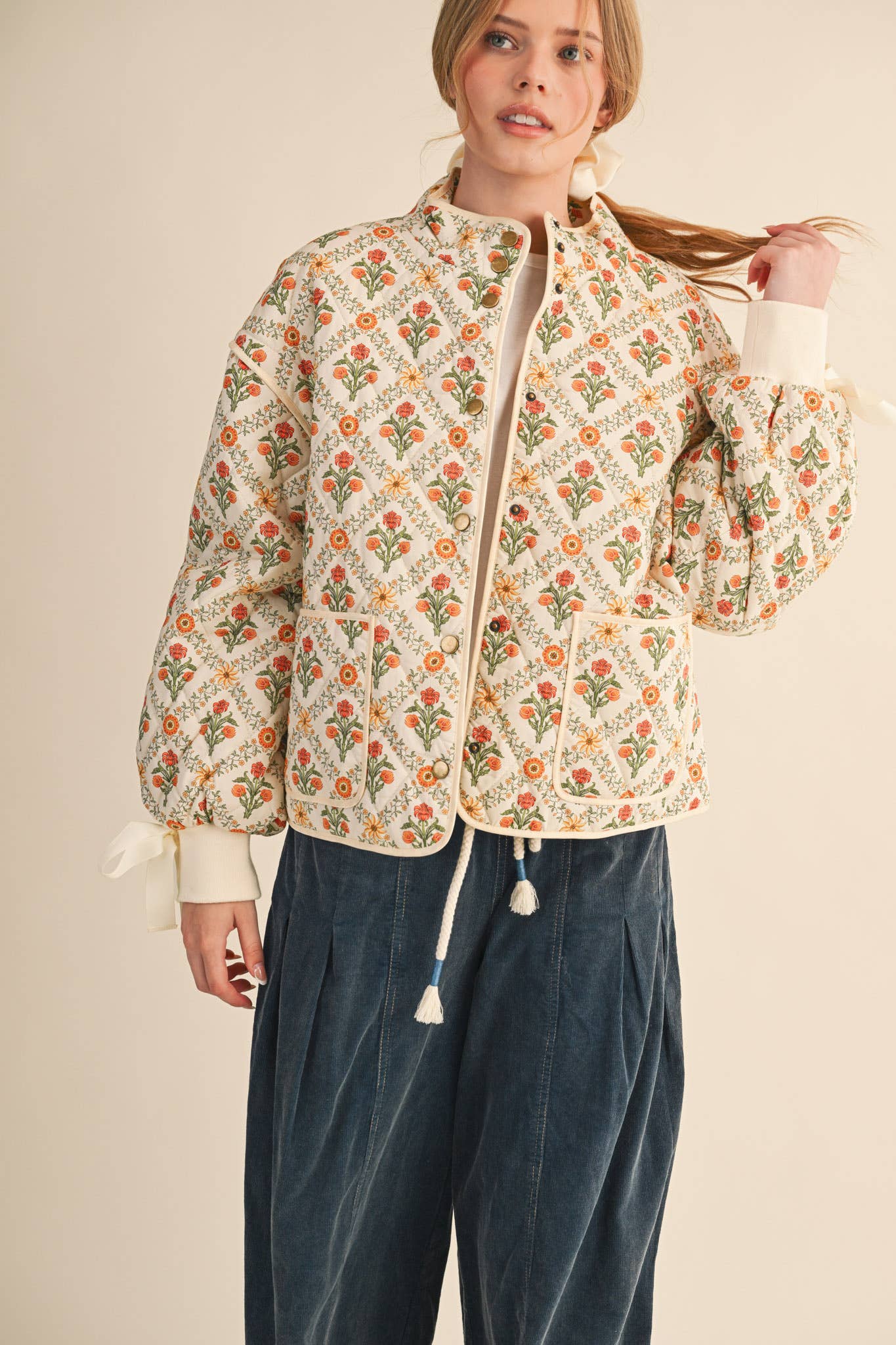 FLORAL QUILTED JACKET WITH RIBBON DETAIL MJK4431