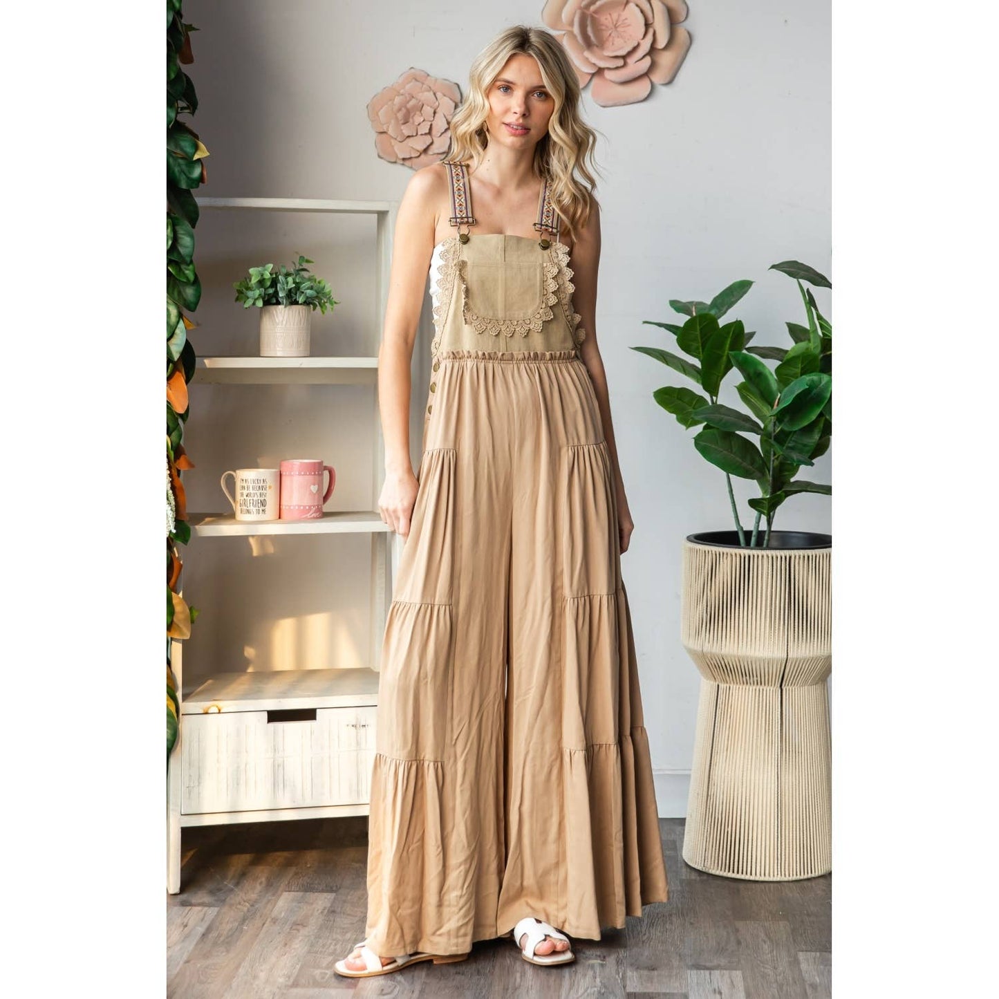 Embroidered Strap Flowy Jumpsuit Khaki