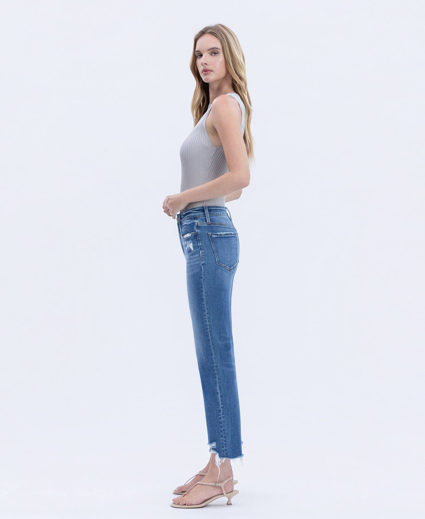 HIGH RISE FRAYED HEM CROP STRAIGHT JEANS LV1866