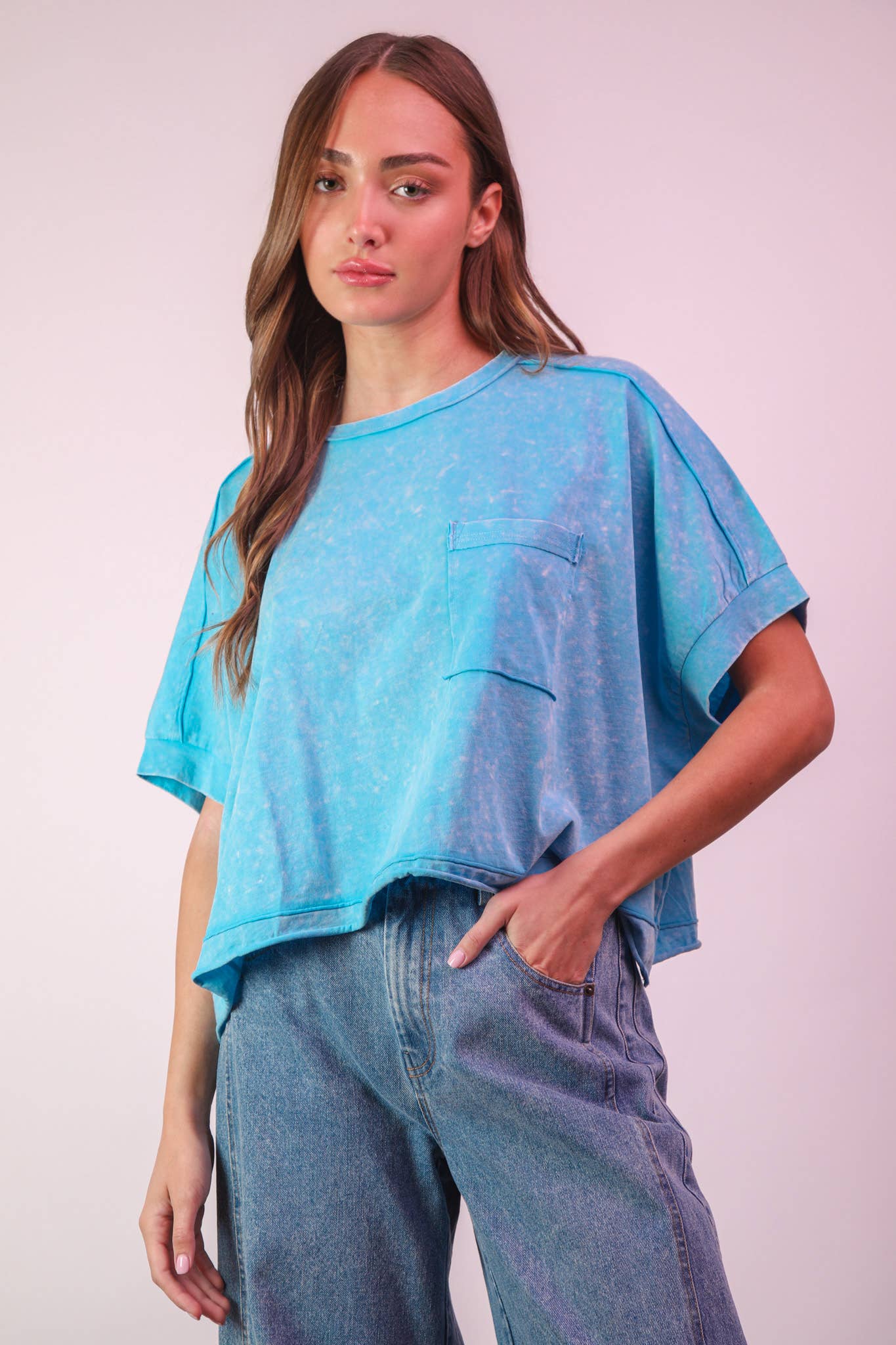 Mineral Washed Oversized Crop Comfy Knit Top Pink