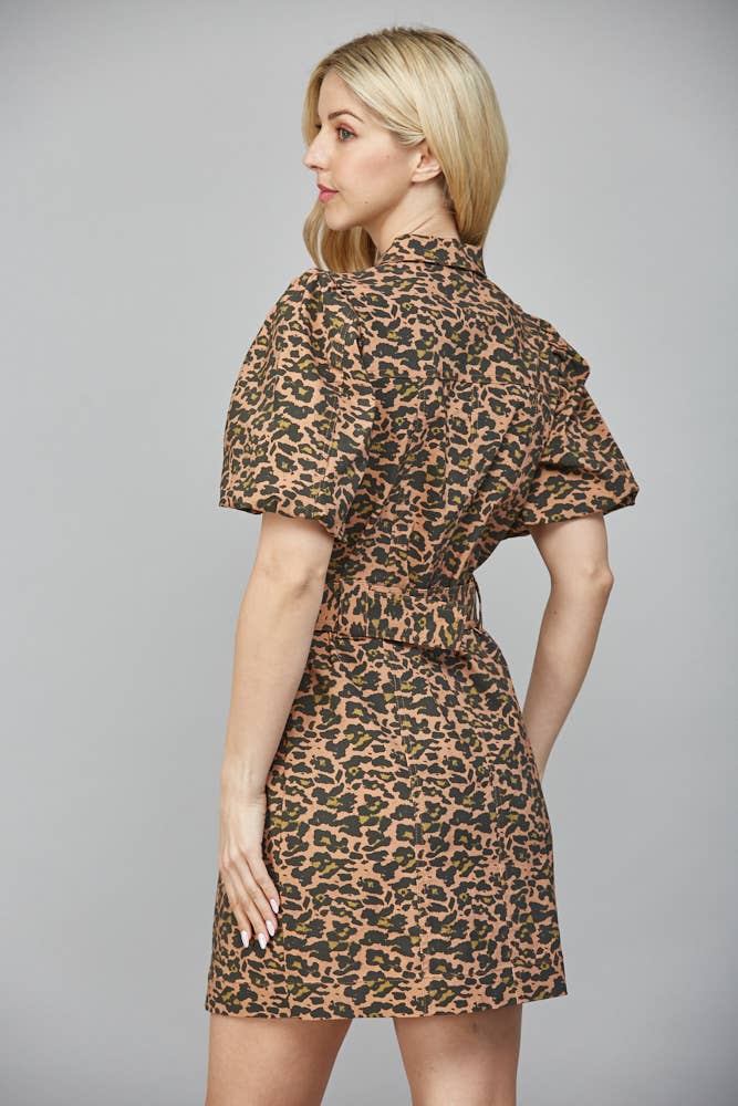 FATE ANIMAL PRINT SHORT PUFF SLV BELTED DRESS