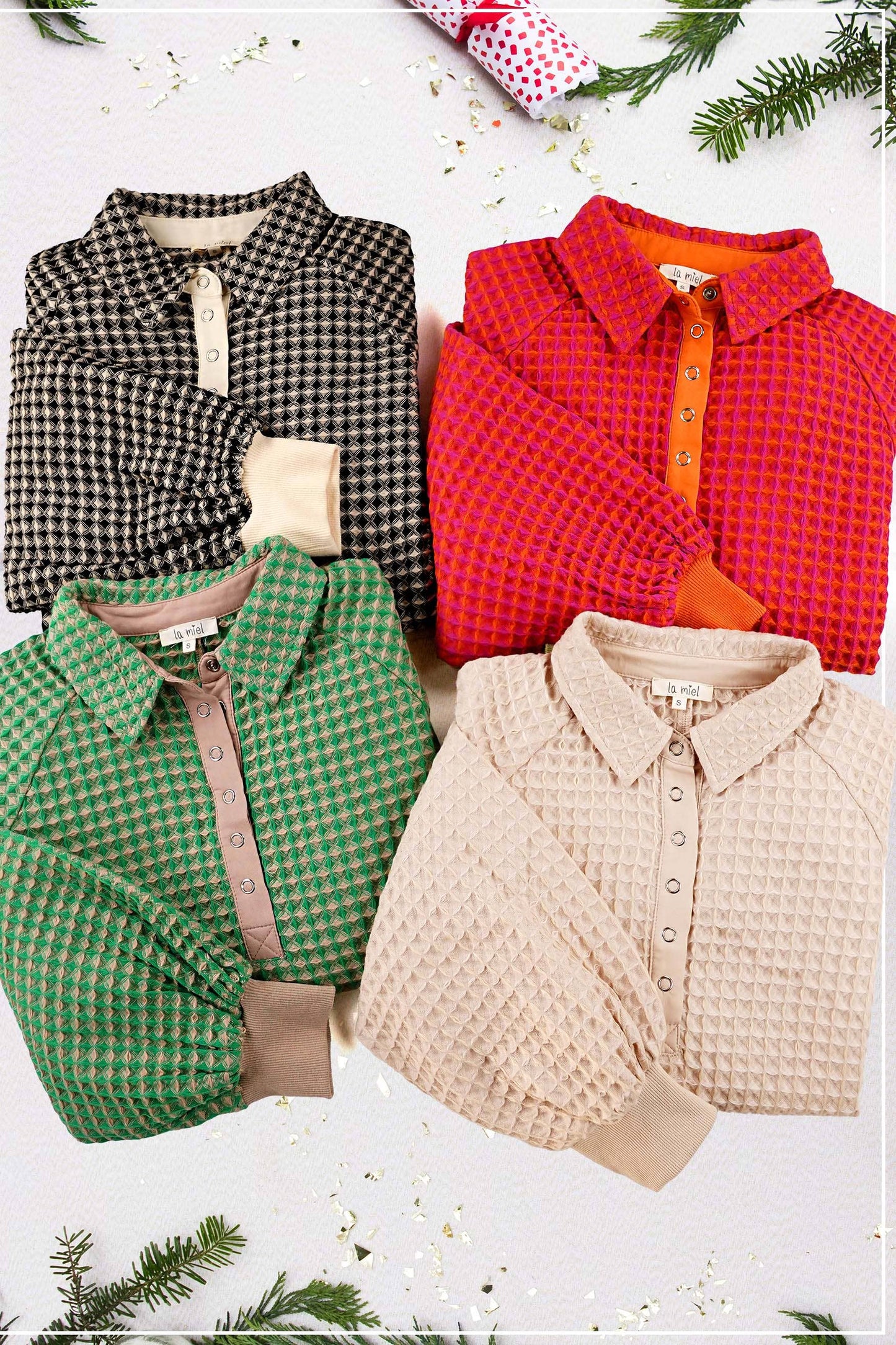 La Miel  Two Tone Textured Snap Button Front Top