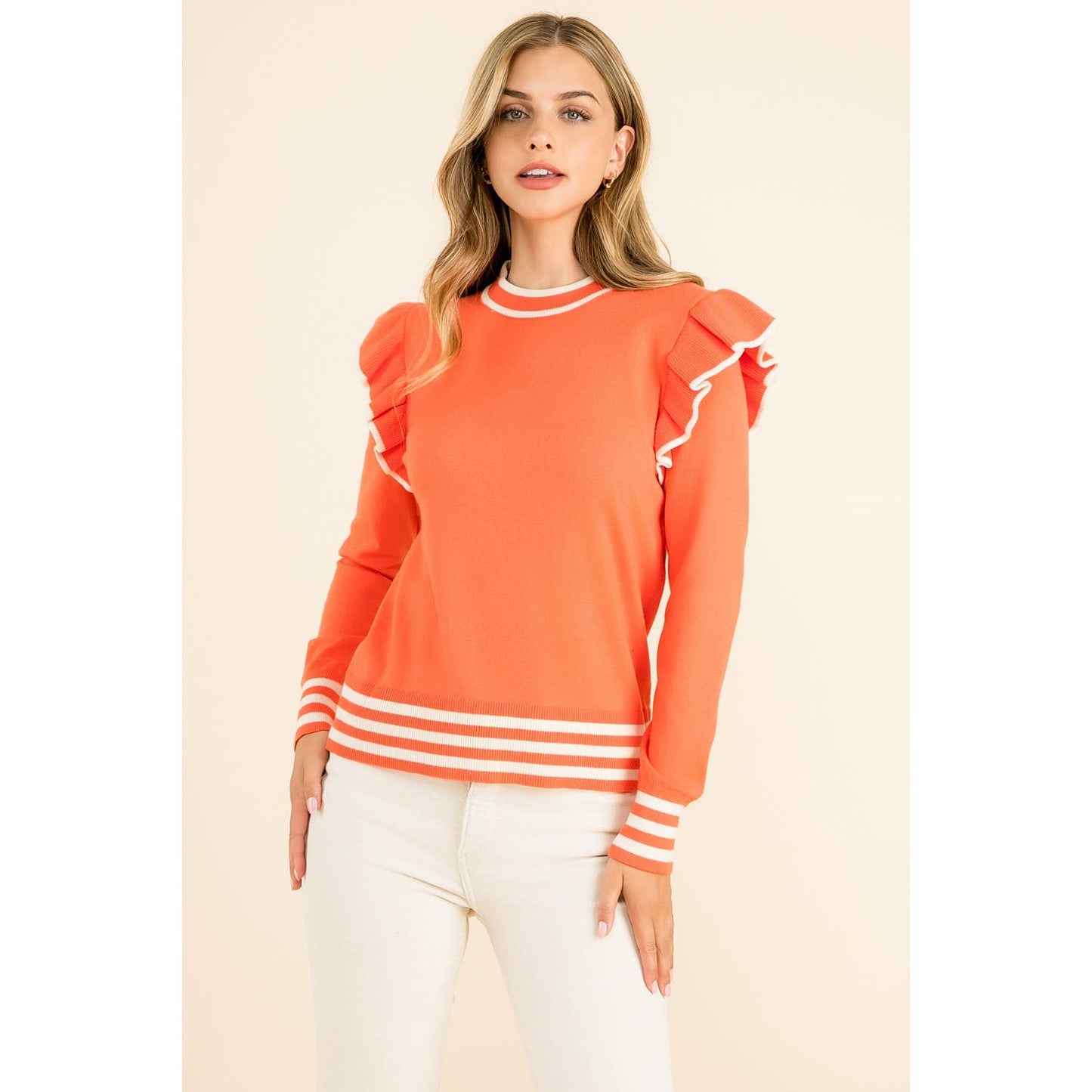 Orange Ruffle Shoulder Long Sleeve Sweater with Stripes