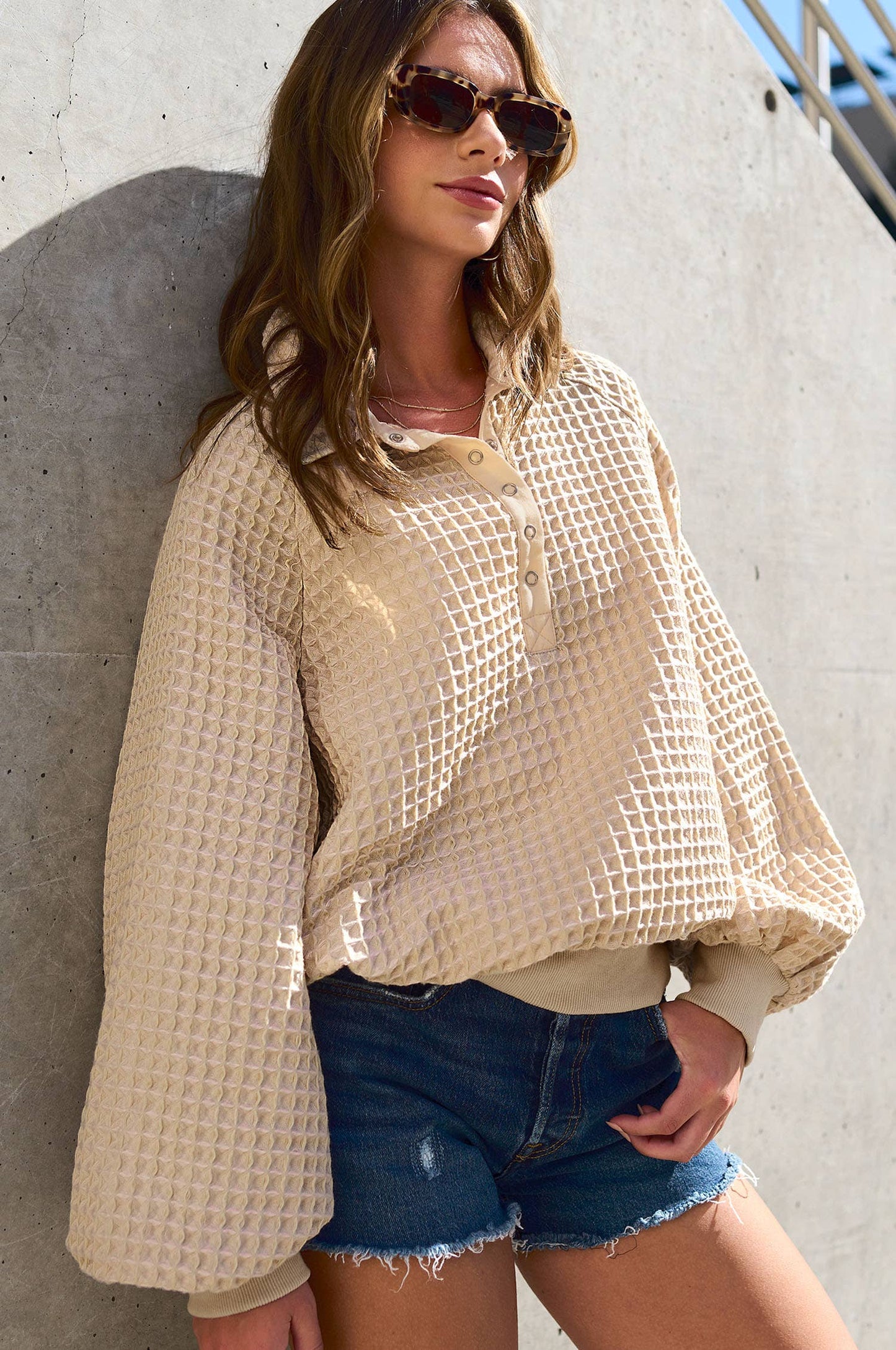 La Miel  Two Tone Textured Snap Button Front Top