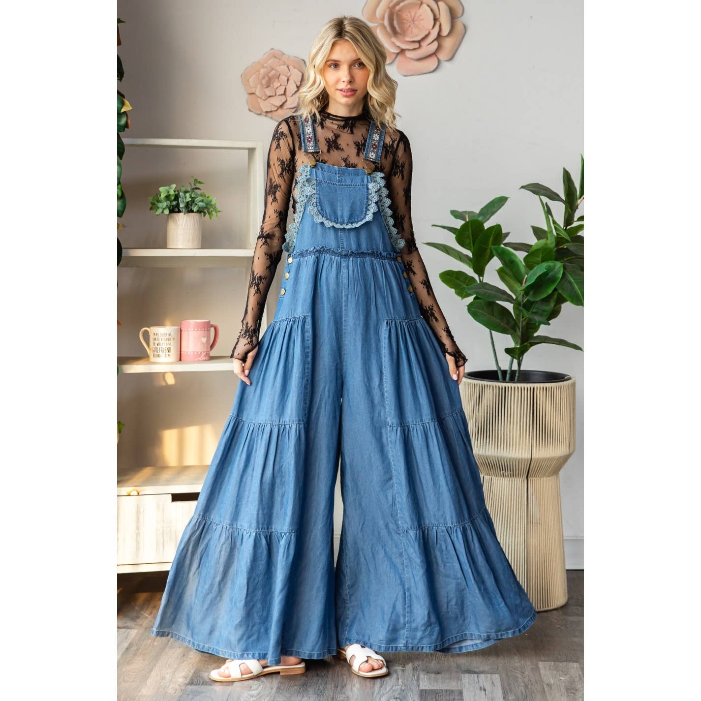 Embroidered Tencel Strap Flowy Jumpsuit