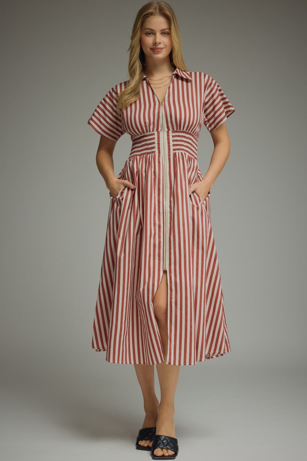 Entro Rust Striped Short Sleeve Midi Dress