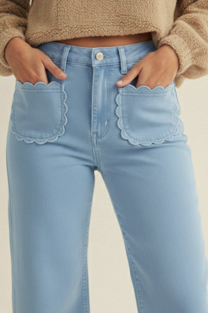 LovLov Blue Scalloped Wide Leg Pant