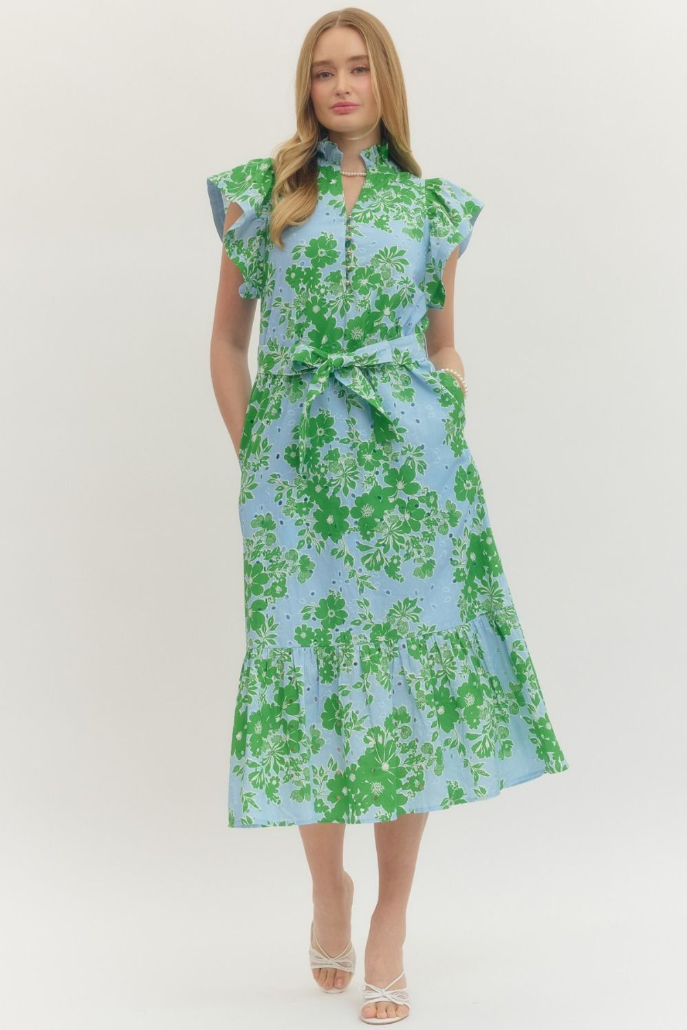 Entro Blue/Green Floral Midi Dress