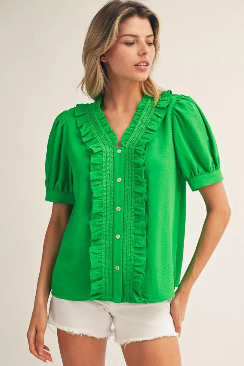 Jodifl Kelly Green Ruffled Button Up Sleeve Top