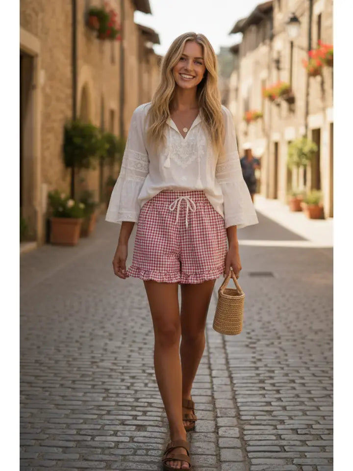 Sewn & Seen Red Gingham Ruffle Hem Shorts