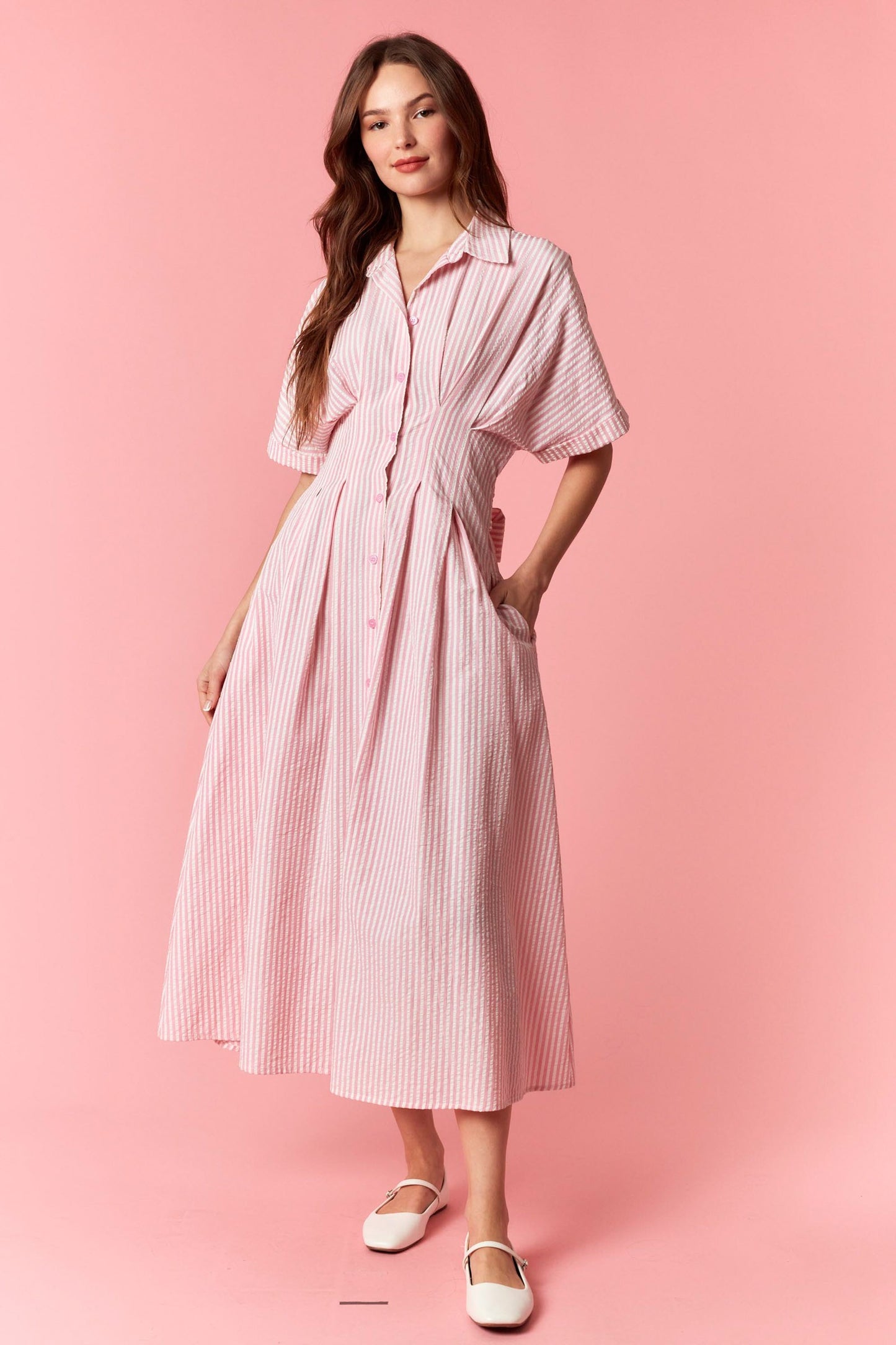 Peach Love Seersucker Striped Bow Tie Midi Dress