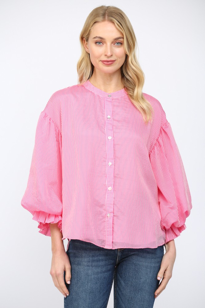 Fate Pink Pinstripe Voluminous Bubble Sleeve Blouse