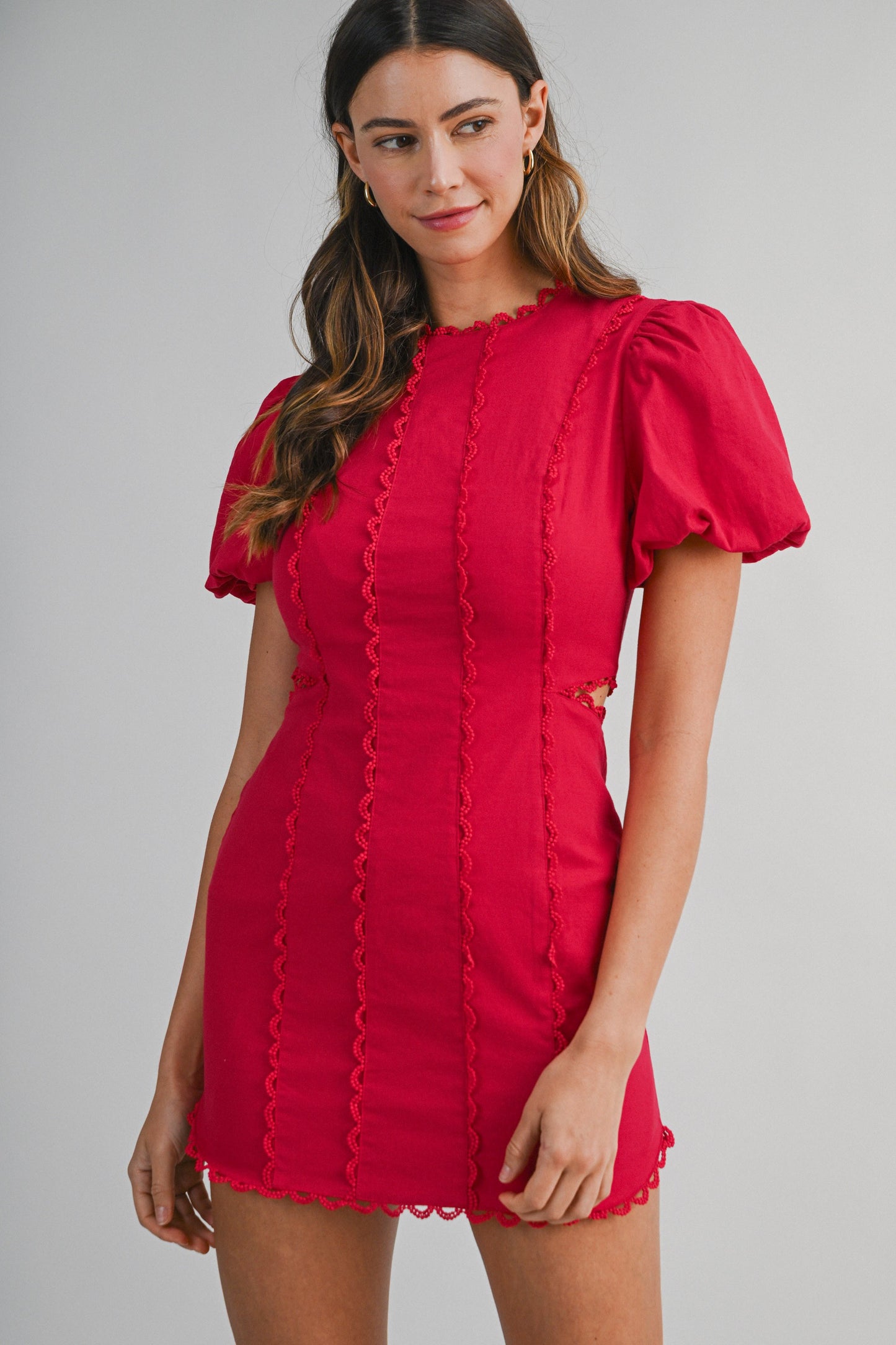 Mable Red Scallop Lace Trim Mini Dress