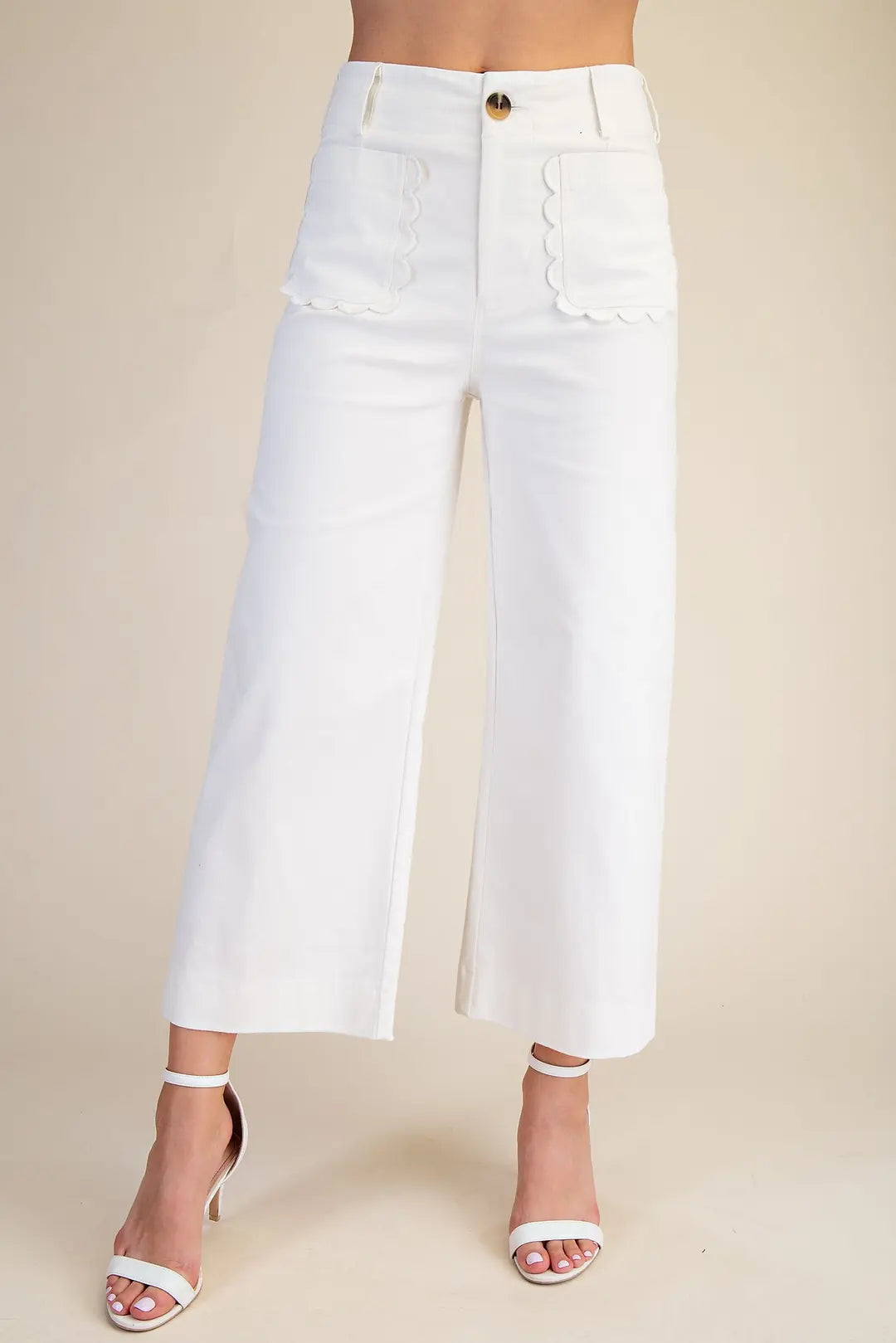Glam White Colette Cropped Wide-Leg Scallop Pants (GP8758)