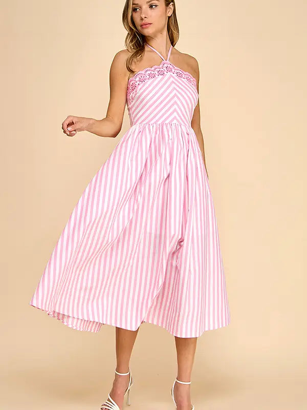 Baby Pink White/Pink Scalloped Halter Midi Dress