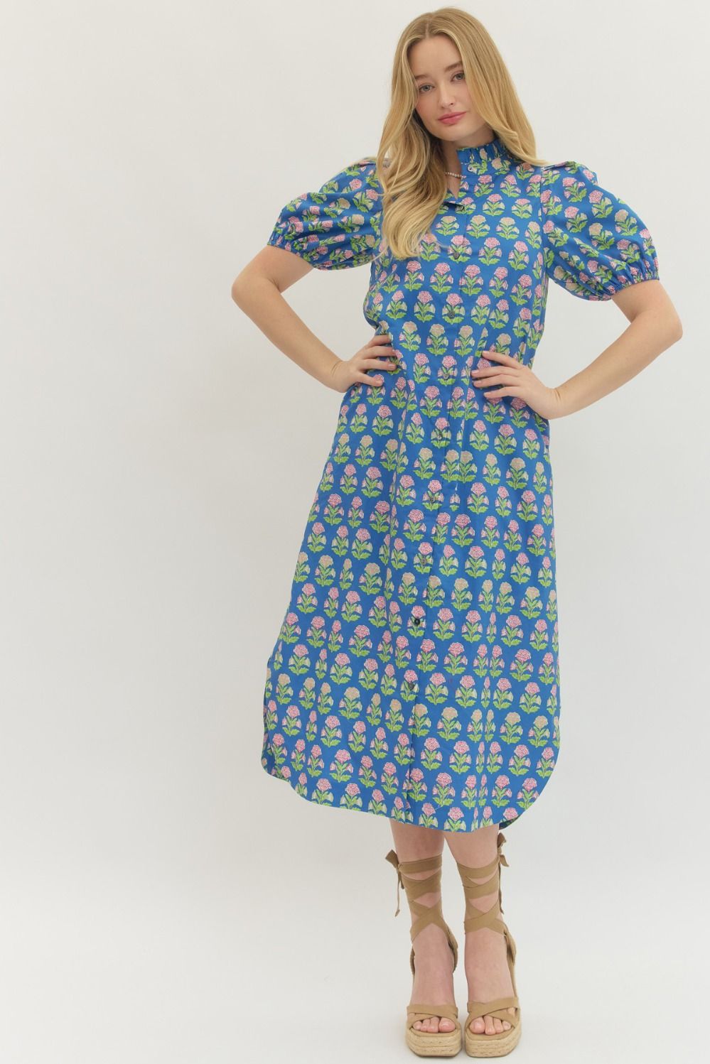 Entro Blue Botanical Print Midi Dress